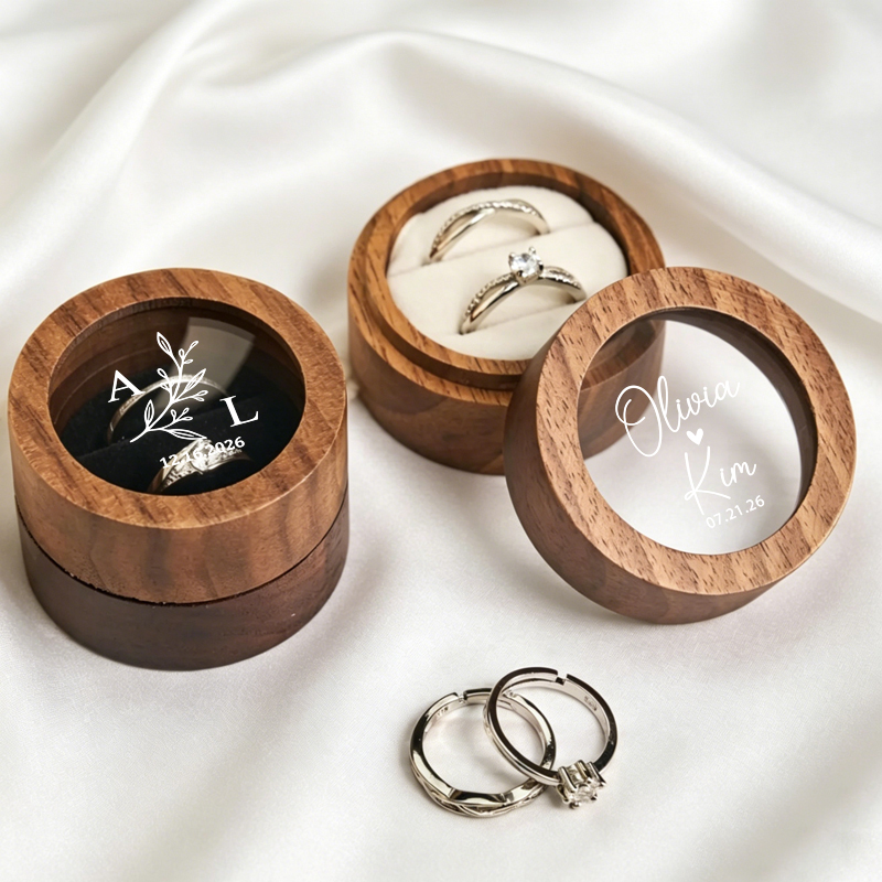 Wood Ring Blank - กล่องใส่แหวนแต่งงานแบบส่วนตัว กล่องไม้ทรงกลมใส่แหวนคู่ กล่องแหวนพร้อมหน้าต่างกระจก กล่องแหวนขอแต่งงาน ของขวัญวันครบรอบแต่งงาน