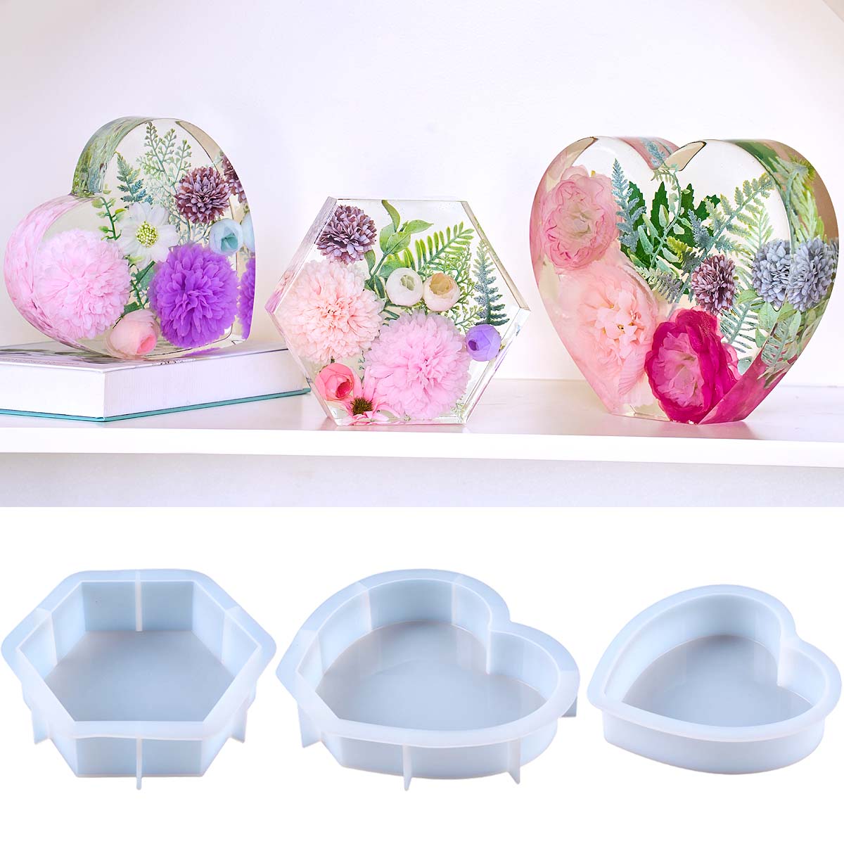 Resin Craft Ideas - แม่พิมพ์ซิลิโคนรูปหัวใจขนาดใหญ่ DIY รูปหกเหลี่ยม สำหรับงานเรซิ่นอีพ็อกซี่ ใช้สำหรับทำที่คั่นหนังสือ ของตกแต่ง