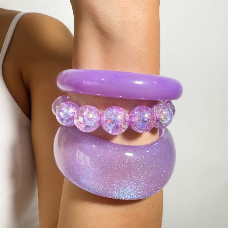 Resin Glitter Pack - P9FE แพ็ค 1 ชุดกำไลข้อมือเรซินแวววาวสีสันสดใสสำหรับผู้หญิงมีสไตล์น้ำหนักเบา