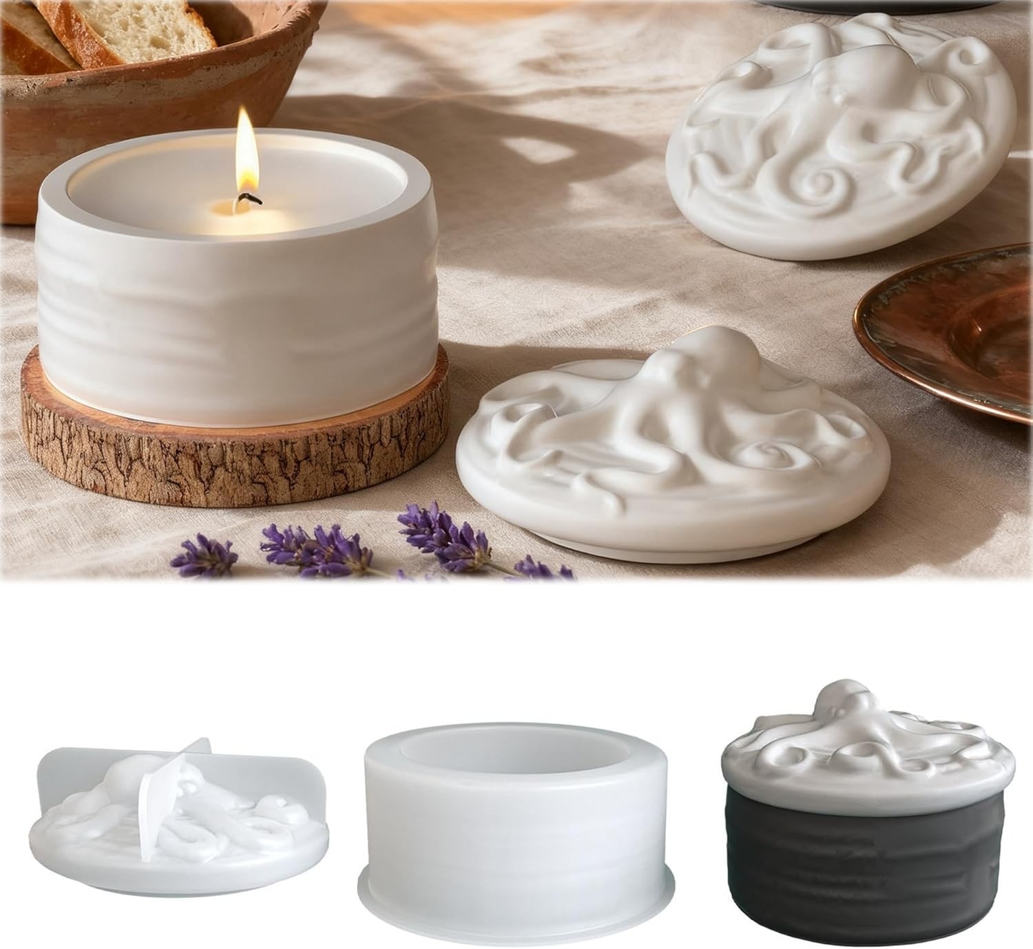 Resin Ocean Wave Mold - แม่พิมพ์ซิลิโคนรูปฝาขวดโหลลายปลาหมึก ชุดแม่พิมพ์กล่องเก็บของทรงกระบอกลายคลื่น พร้อมฝาปิดรูปปลาหมึก 3 มิติ สำหรับทำภาชนะใส่เทียนจากคอนกรีต