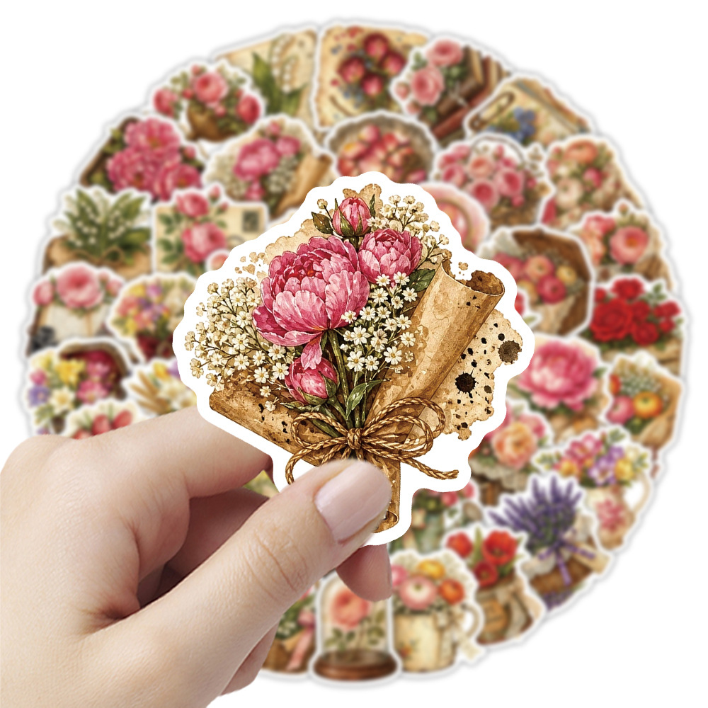 Dried Flower Bulk - 50 ชิ้น สติกเกอร์ลายดอกไม้สไตล์วินเทจ ลายดอกไม้แห้งแบบเรโทร กันน้ำ สำหรับตกแต่งสมุดบันทึก